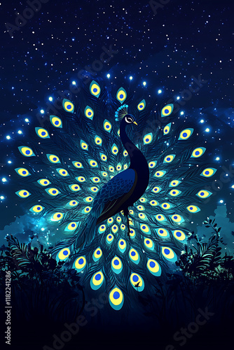 A vibrant peacock displaying its feathers under a starry night sky.