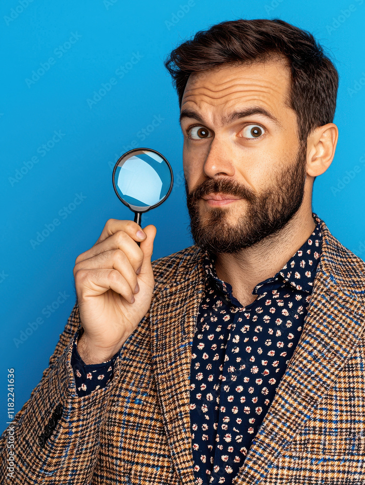 man holding magnifying glass, looking inquisitive against blue background. His stylish outfit adds touch of sophistication to curious expression man holding magnifying glass, looking inquisitive against blue background. His stylish outfit adds touch of sophistication to curious expression