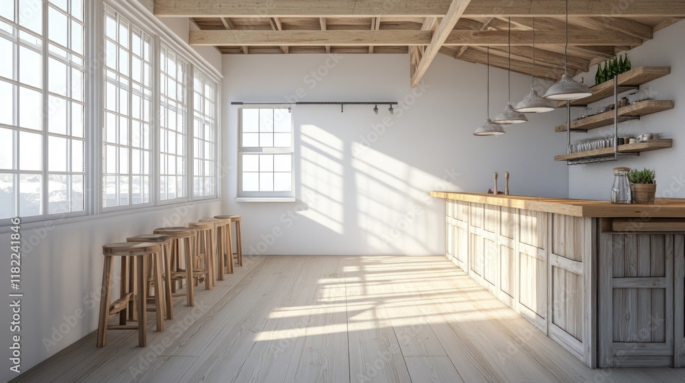 Fototapeta premium Rustic Modern Bar Interior Design: Sunlit Wooden Bar, Wooden Stools, and Large Windows