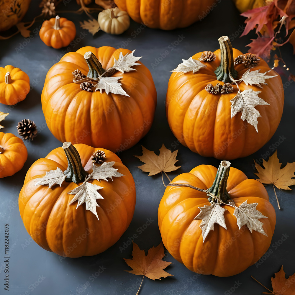 Pumpkins decorated with dry maple leaves Pumpkins decorated with dry maple leaves