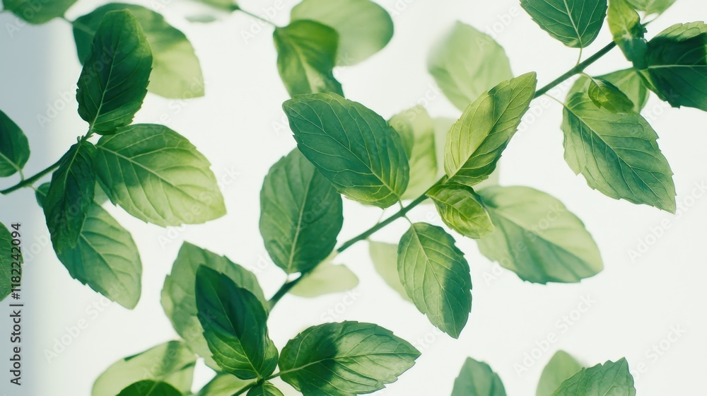 Close-up of peppermint leaves with crisp, sharp edges and lush green tones, displayed against a pristine white backdrop for a fresh and clean aesthetic. Close-up of peppermint leaves with crisp, sharp edges and lush green tones, displayed against a pristine white backdrop for a fresh and clean aesthetic.