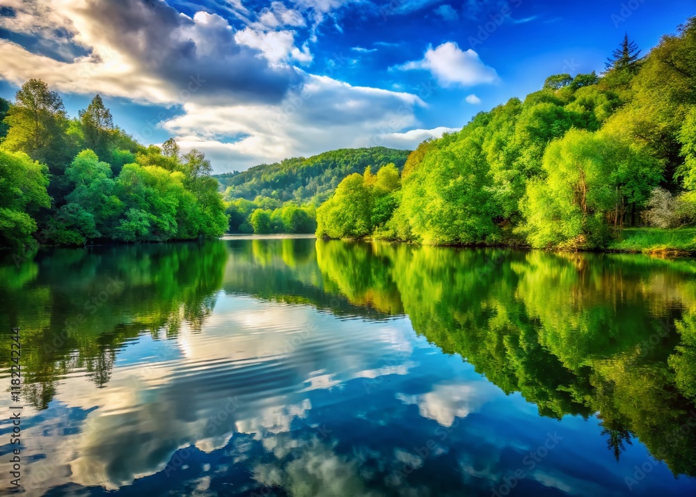 Fototapeta premium Tranquil Lake Reflections: Nature Landscape Photography - Calm Water, Green Foliage, Serenity