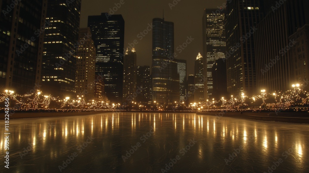 Fototapeta premium Night Cityscape Reflecting on Ice Rink