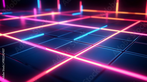 Dynamic neon light grid animation virtual space digital art futuristic environment close-up view visual concept