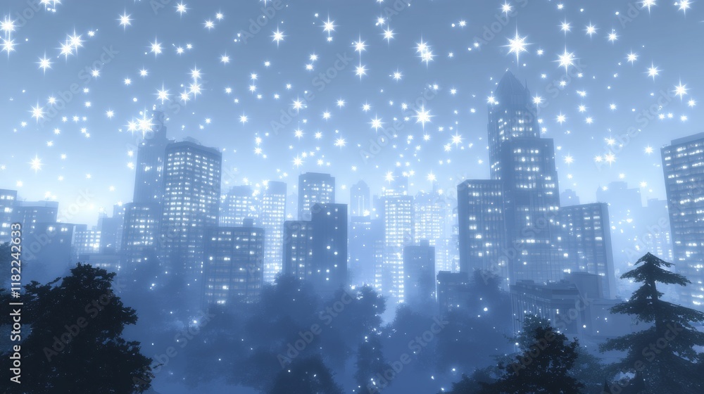 Fototapeta premium Night Cityscape Snowy Winter Illumination Scene