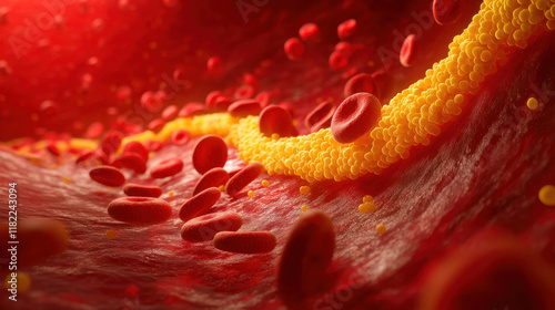 Health, science concept. Cholesterol formation inside blood system of human body. Red blood cells, blood flow, fat formation in arterial wall photo