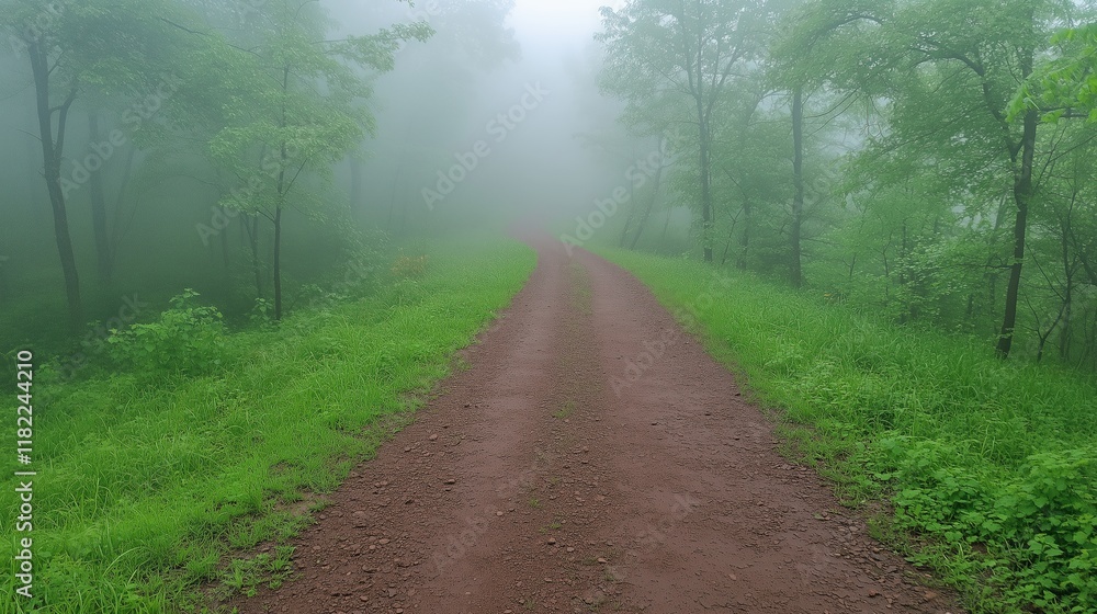 Fototapeta premium Mystical Foggy Forest Path with Lush Greenery and Mysterious Atmosphere Captured in Early Morning Light
