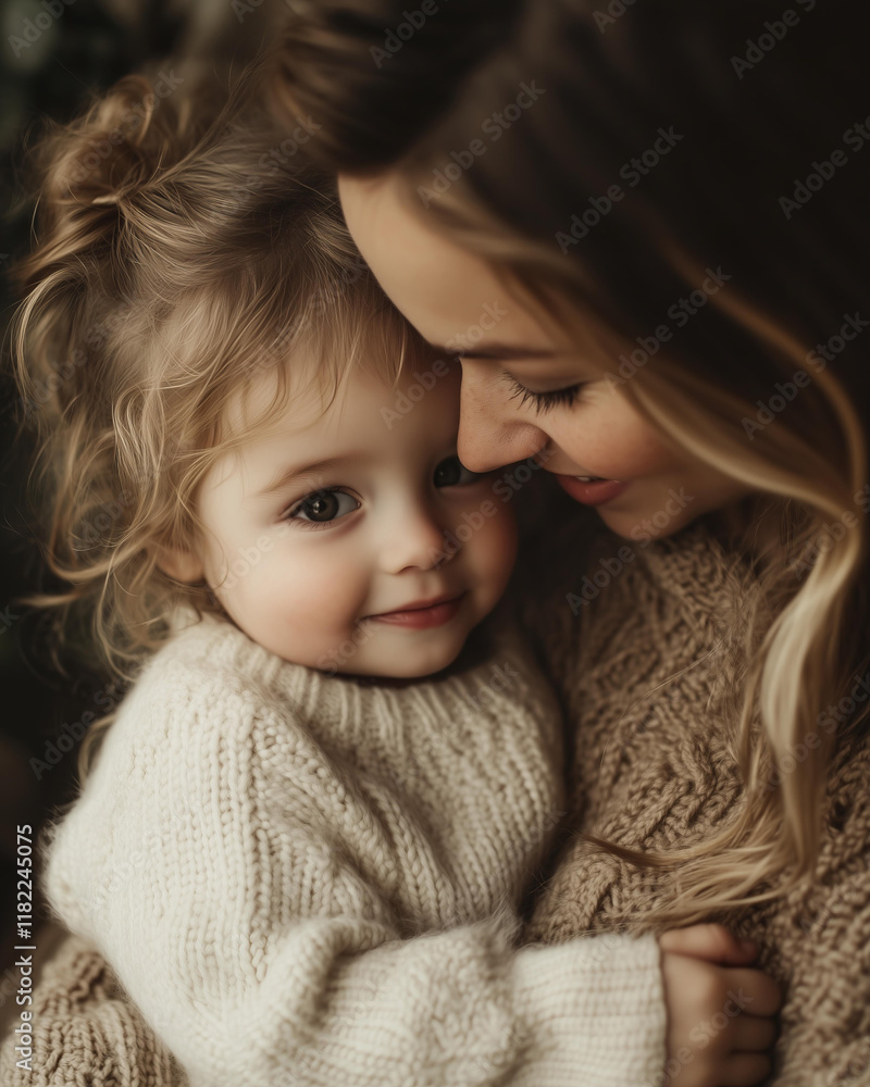 mother and child sharing a joyful moment together, close-up portrait in a cozy, home environment. The mother is smiling gently while the child stands close, their faces radiating happiness mother and child sharing a joyful moment together, close-up portrait in a cozy, home environment. The mother is smiling gently while the child stands close, their faces radiating happiness