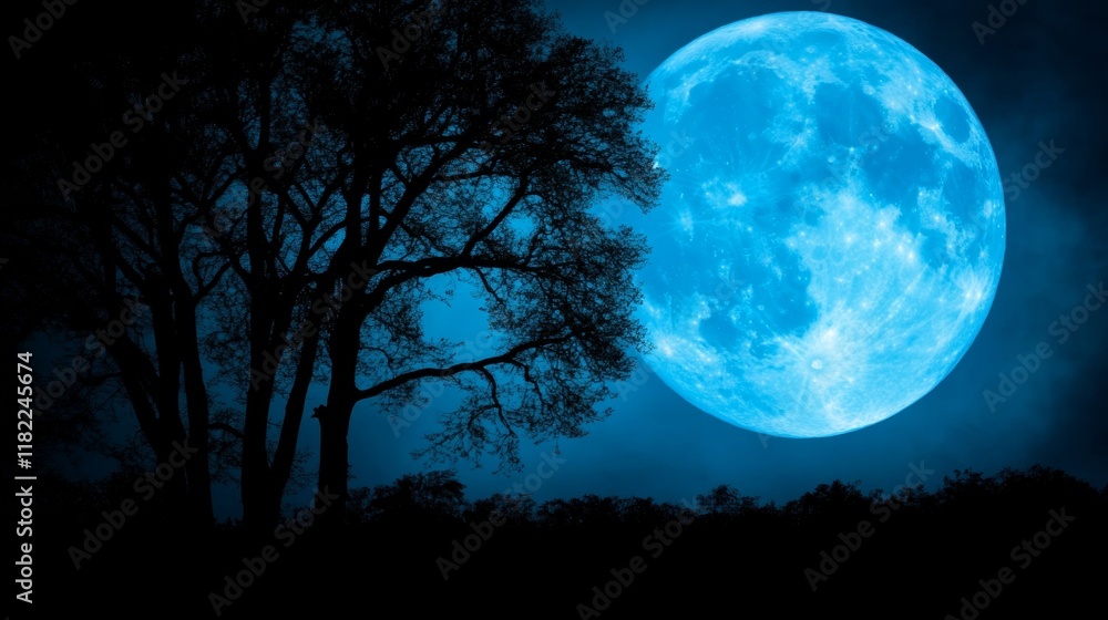Night Sky Silhouette Tree Blue Full Moon Landscape Night Sky Silhouette Tree Blue Full Moon Landscape