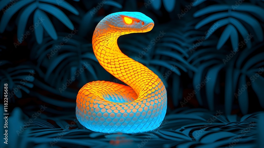 Fototapeta premium Glowing Snake Among Tropical Foliage