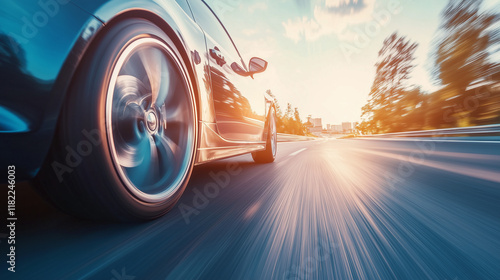 Close-up of a modern car speeding down a highway, captured with a dynamic motion blur of the road