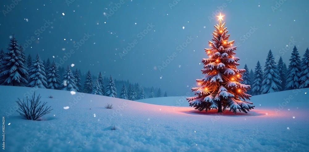 frosty winter landscape with an illuminated Christmas tree in the distance, light, evergreen, horizon frosty winter landscape with an illuminated Christmas tree in the distance, light, evergreen, horizon
