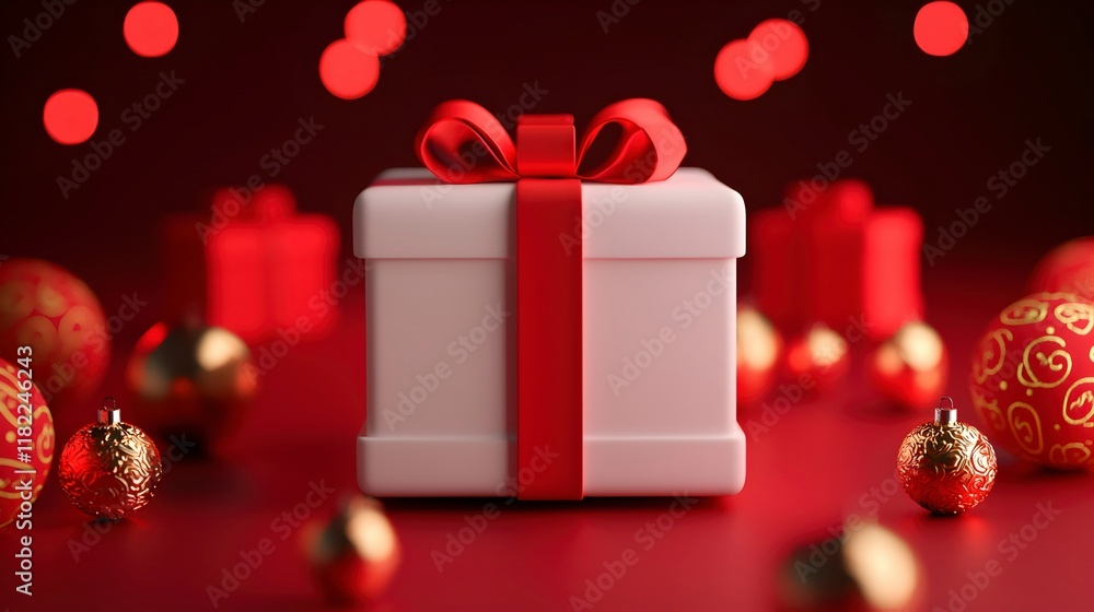Festive Gift Box with Red Background and Ornaments Festive Gift Box with Red Background and Ornaments