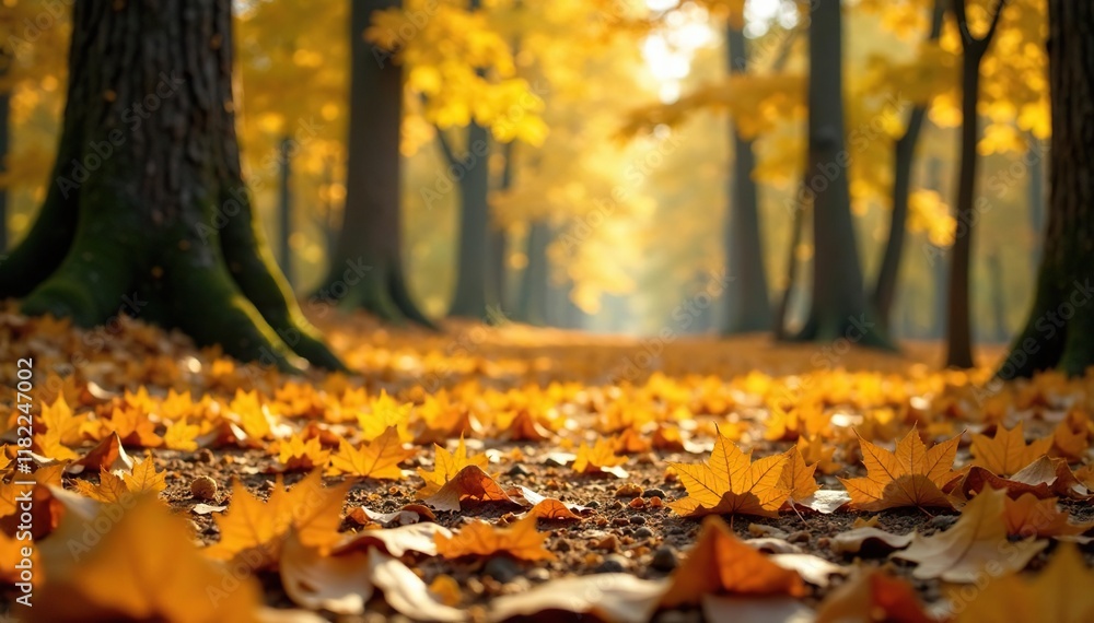 Golden yellow oak leaves scattered on forest floor, color palette, autumn