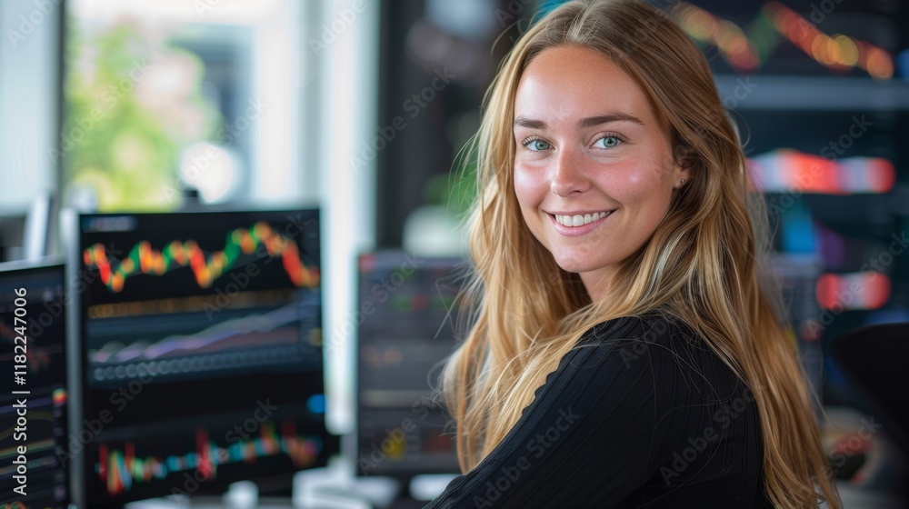 Young woman smiling at computer screen in a modern office while analyzing stock market data Young woman smiling at computer screen in a modern office while analyzing stock market data
