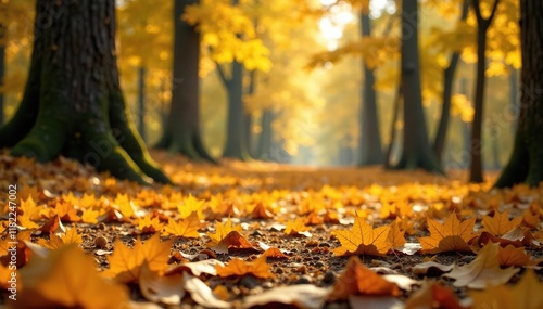 Wallpaper Mural Golden yellow oak leaves scattered on forest floor, color palette, autumn Torontodigital.ca