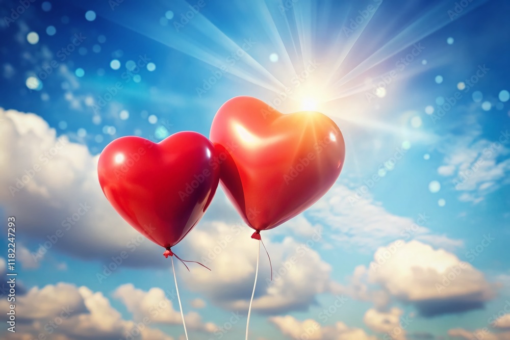 Two Red Heart Balloons Floating in a Clear Blue Sky - Romantic Stock Photo Two Red Heart Balloons Floating in a Clear Blue Sky - Romantic Stock Photo