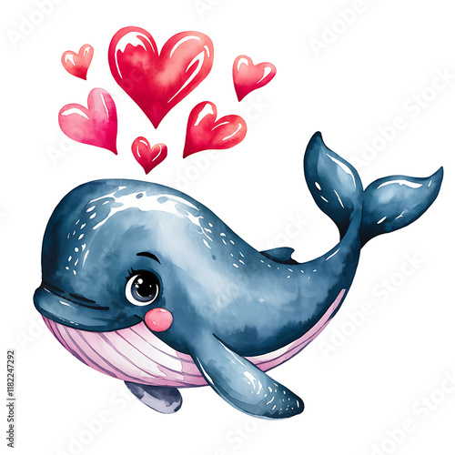 Cute whale Valentine Watercolor Clipart Illustration photo