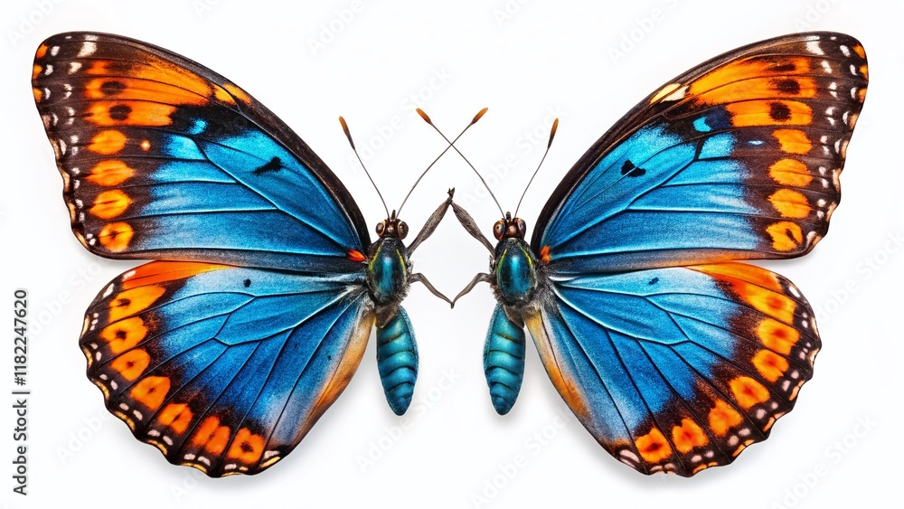 Fototapeta premium Two Vibrant Blue Butterflies with Black & Orange Markings on White Background - Stock Photo