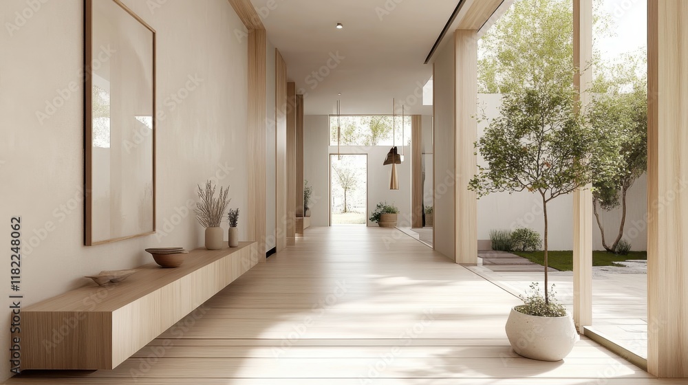 Fototapeta premium Minimalist hallway, warm natural light, wooden floor, white walls, round pendant light, potted olive tree, modern furniture, beige tones, tranquil atmosphere, Japanese inspired design, clean lines, sp
