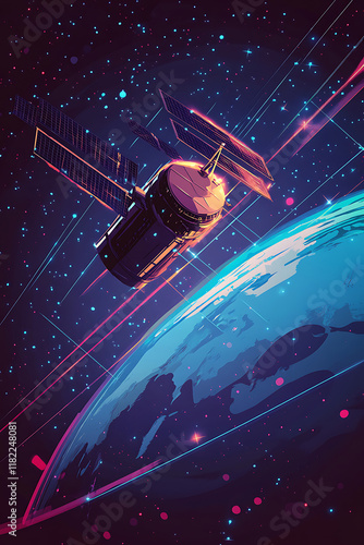 A satellite orbits Earth in a vibrant cosmic scene, showcasing technology and space exploration.