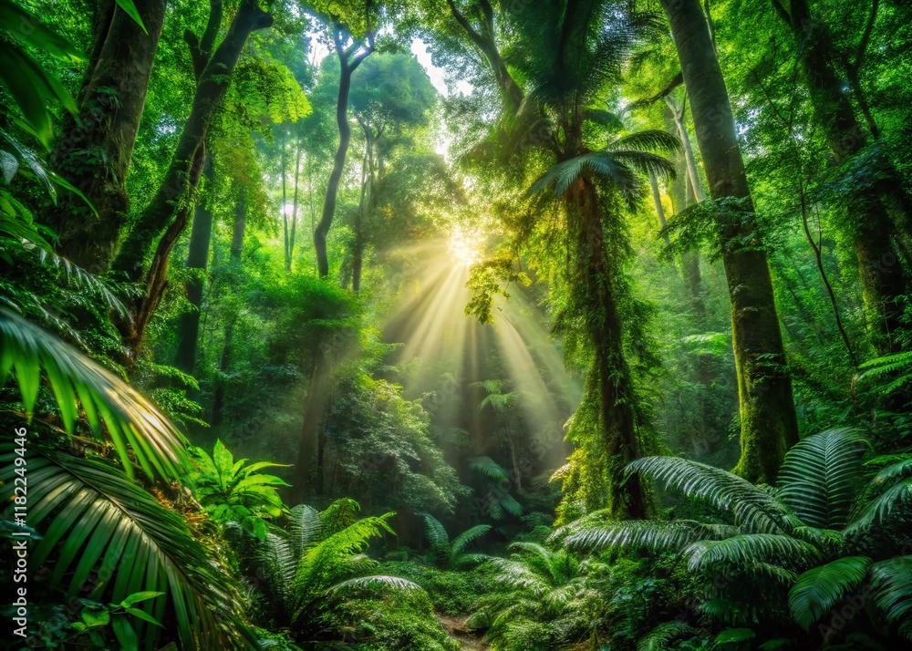 Untouched Nature: Lush Rainforest Canopy, Vibrant Green Leaves, Sunlight Dappled Forest Floor Untouched Nature: Lush Rainforest Canopy, Vibrant Green Leaves, Sunlight Dappled Forest Floor