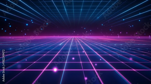 Fototapeta Naklejka Na Ścianę i Meble -  Dynamic neon grid visualization digital space 3d graphics cyber environment wide angle futuristic concept