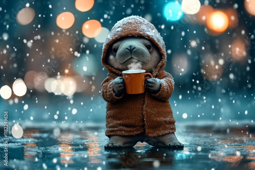 Social digital ads - Ð°nimal care. Sad cute baby animal walrus in winter warm clothes, holding warm drink with rising steam in paws. Problem of endangered animals. Social nature awareness. photo