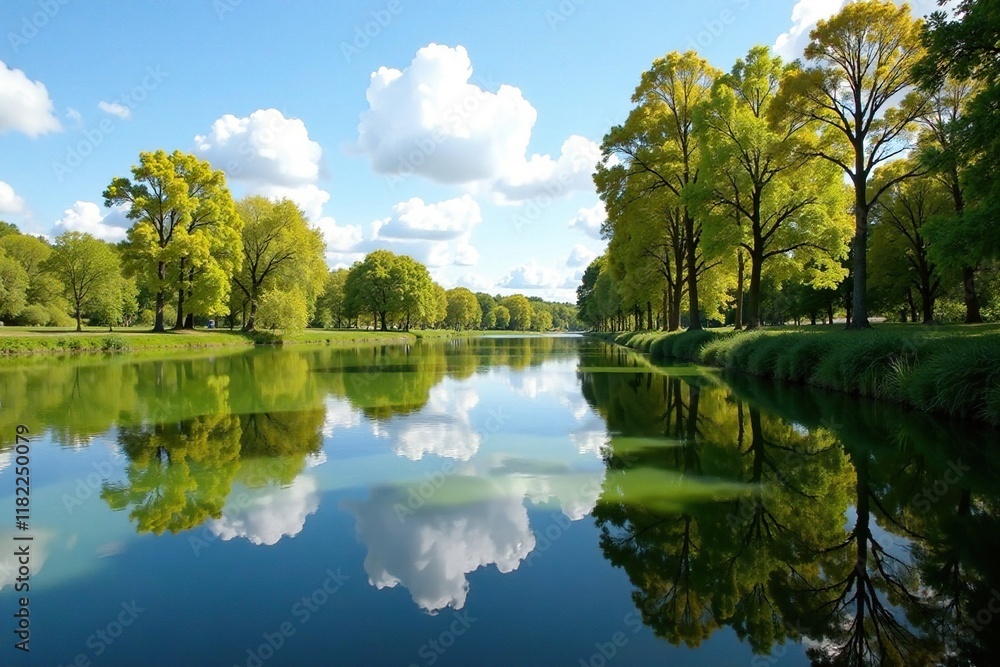 Reflections of trees and sky in the calm surface of Alphen aan den Rijn water lake, tree reflections, lake reflection Reflections of trees and sky in the calm surface of Alphen aan den Rijn water lake, tree reflections, lake reflection