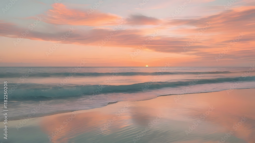 Serene ocean scene with calm waves, a soft sunset glow on the horizon, and gentle clouds drifting across the sky Serene ocean scene with calm waves, a soft sunset glow on the horizon, and gentle clouds drifting across the sky