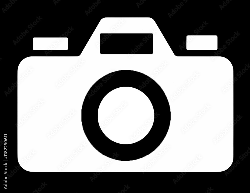 Icono sencillo de una cámara de fotos blanca sobre fondo negro Icono sencillo de una cámara de fotos blanca sobre fondo negro