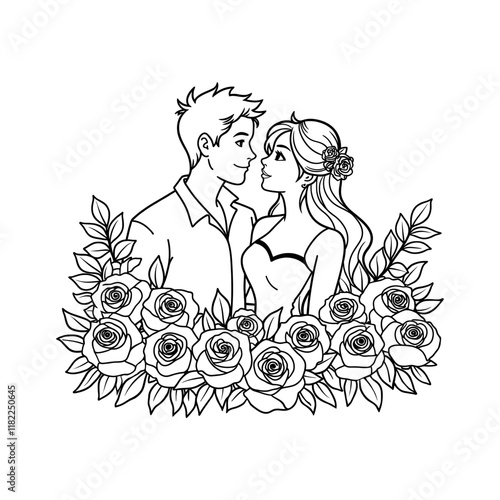 Romantic Couple in Vintage Style Surrounded by Roses and Leaves Outline Art
