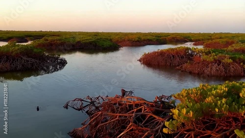Exploring the Beauty of Mangrove Ecosystems Along a Serene Riverbank at Sunset Near Coastal Wetlands