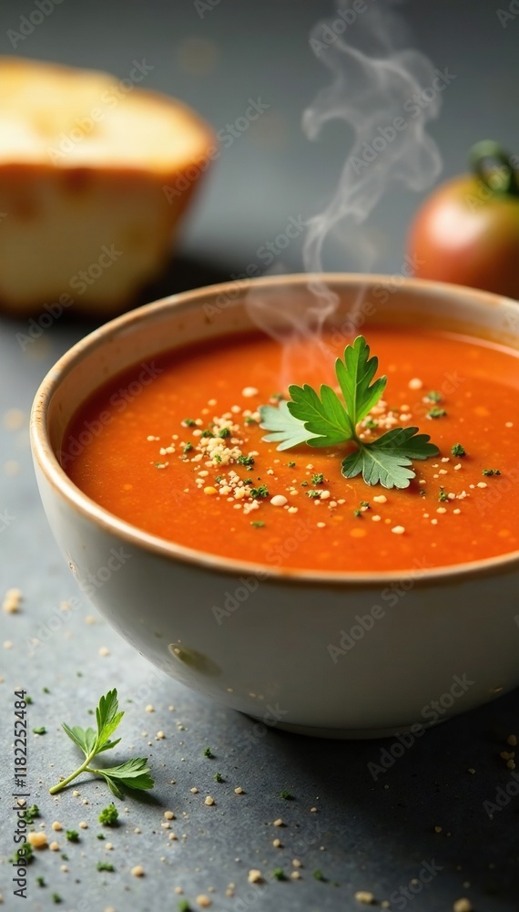 Steaming bowl of creamy tomato soup with a sprinkle of parsley on top, comforting, tomato soup Steaming bowl of creamy tomato soup with a sprinkle of parsley on top, comforting, tomato soup