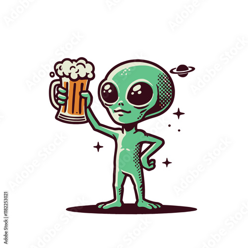 Confident cartoon alien holding a mug of beer with stars and a planet in the background. Ideal for sci-fi and bar-themed designs. Isolated vector illustration.