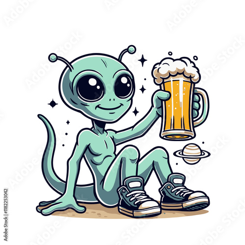 Playful cartoon alien sitting on the ground, holding a beer mug, with sneakers and a planet in the background. Great for fun sci-fi or bar-related designs. Isolated vector illustration.