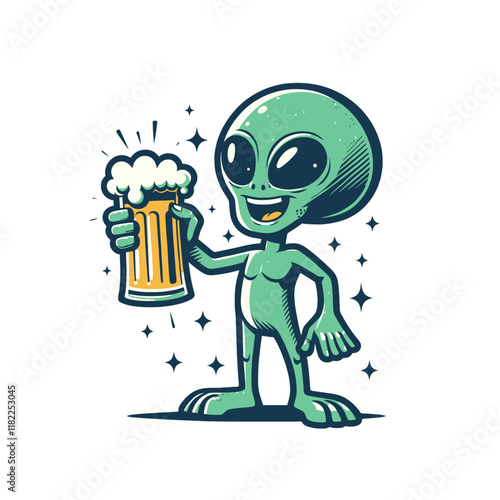 Cheerful cartoon alien holding a mug of beer, surrounded by sparkling stars. Ideal for bar, party, or sci-fi themed illustrations. Isolated vector illustration. photo