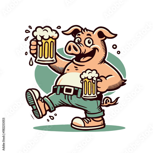 Funny cartoon pig walking happily while holding two mugs of beer. Perfect for party, bar, or humorous designs with a festive vibe. Isolated vector illustration.