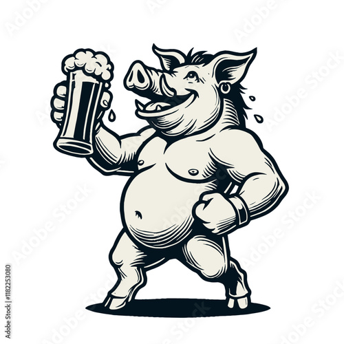 Strong cartoon pig with a muscular body holding a beer mug, looking cheerful and confident. Perfect for bar, party, or humorous designs. Isolated vector illustration.