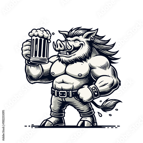 Powerful wild boar with muscles holding a beer mug, showcasing strength and a festive vibe. Ideal for bar, party, or rustic-themed illustrations. Isolated vector illustration.