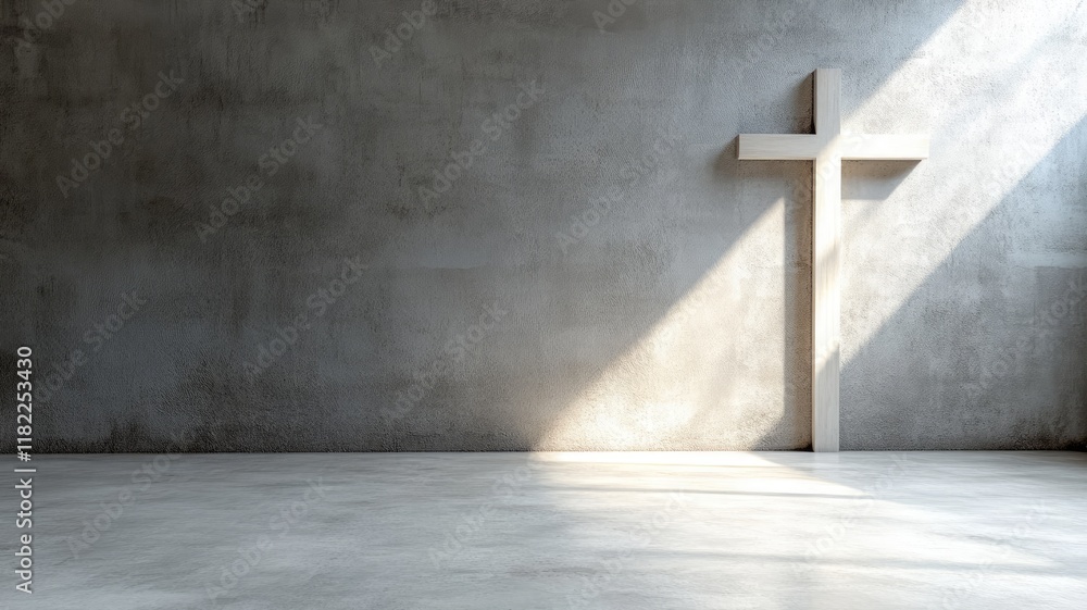 Fototapeta premium Sunlight shines on large white cross in empty concrete room, casting shadows