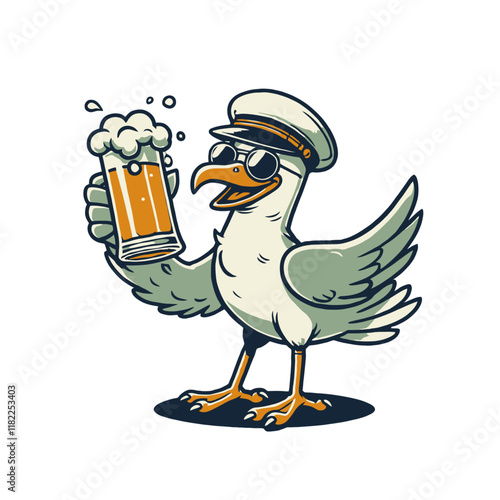 Cool cartoon seagull captain wearing sunglasses and holding a beer mug with a festive vibe. Great for nautical, bar, or humorous designs. Isolated vector illustration.