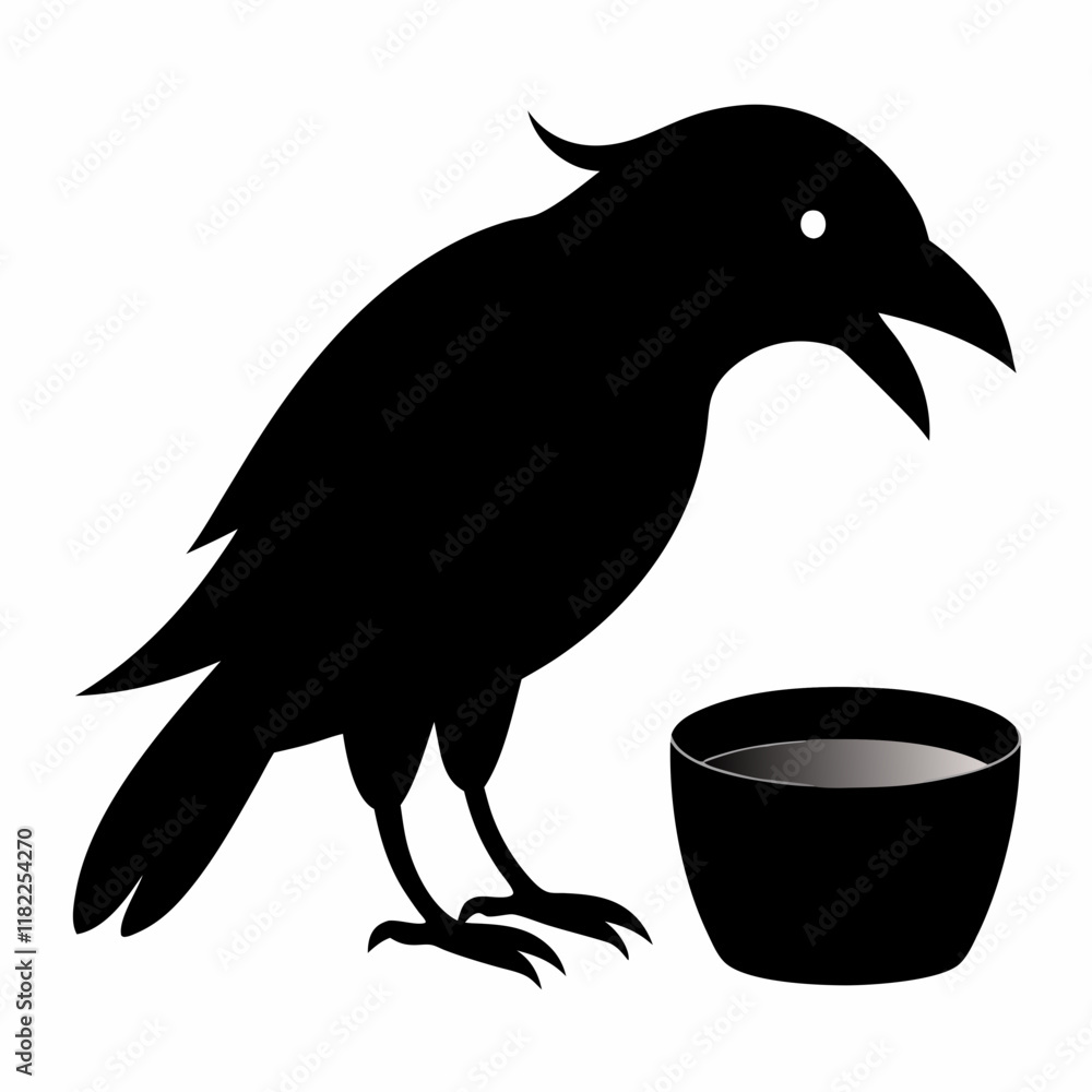 Fototapeta premium Thirsty crow drinking water silhouette vector logo