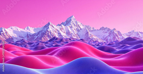 Abstract landscape with colorful hills and snowy mountains