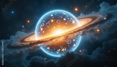 Cosmic planet with rings glowing among colorful stars and clouds
