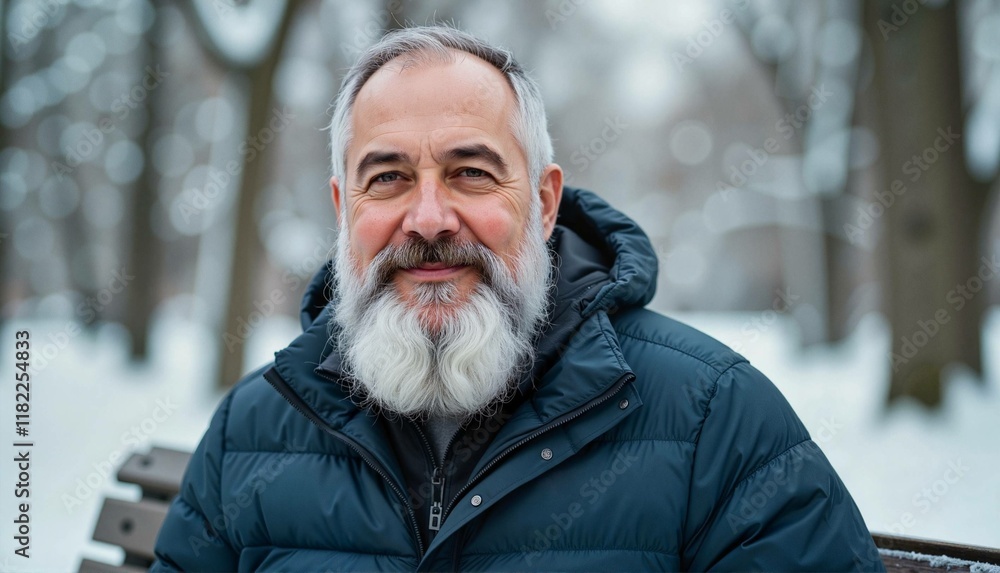 Smiling older man with a beard sitting in snowy park Smiling older man with a beard sitting in snowy park