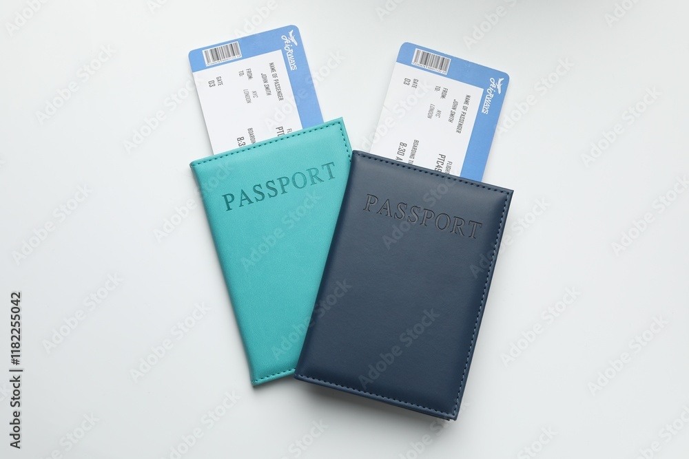 Travel agency. Flight tickets and passports on light background, top view Travel agency. Flight tickets and passports on light background, top view