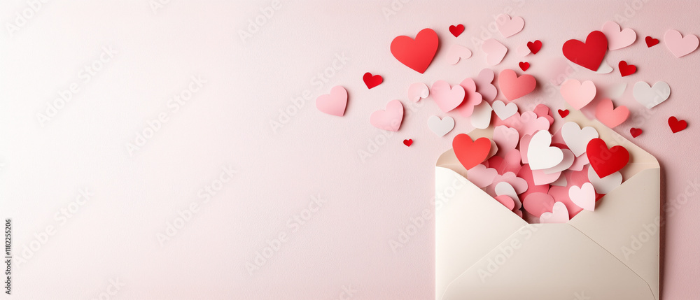 Open envelope releasing pink, red, and white paper hearts on pastel pink background, Valentine's Day romantic concept Open envelope releasing pink, red, and white paper hearts on pastel pink background, Valentine's Day romantic concept