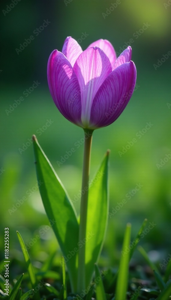 A majestic purple flower rises above the lush green grass, natural, peaceful, statuesque
