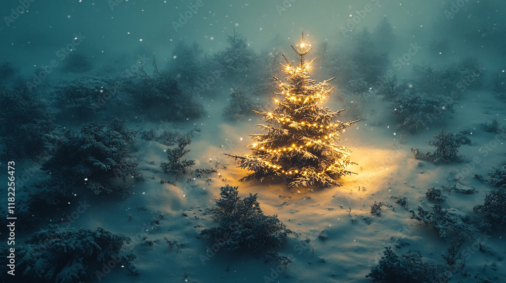 Fototapeta premium Christmas tree illuminates snowy forest at night in serene winter wonderland
